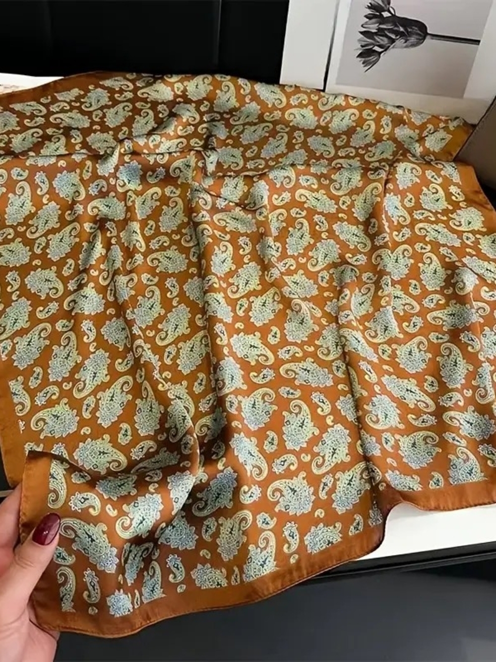 Silk-feel Paisley Scarf in Rust and Mint Head , Neck  Scart 70*70cm